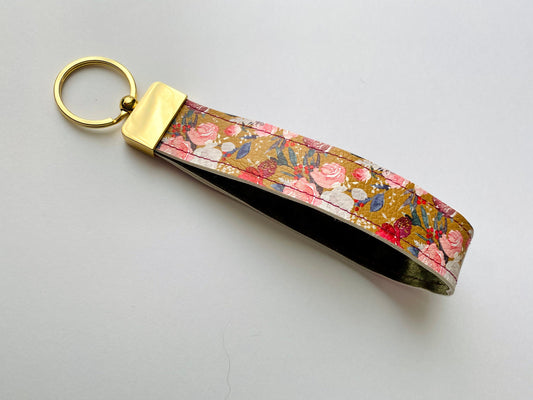 Mustard Floral Faux Leather Wristlet Keychain