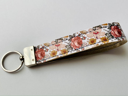 Dusty Floral Faux Leather Wristlet Keychain
